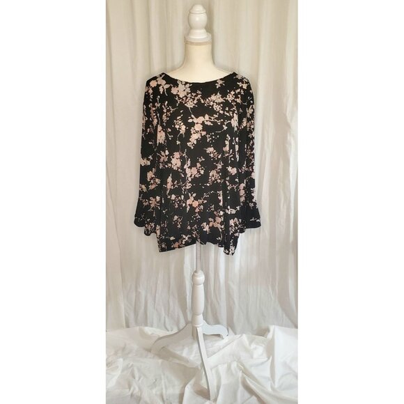 Karl Lagerfeld Paris Dark Romantic Floral Womens Size 2XL Blouse Top Bell Sleeve - Picture 2 of 16